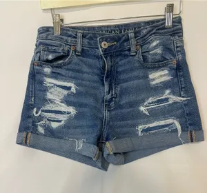 American Eagle Outfitters Distressed Blue Denim Roll-Cuff Shorts thumbnail 1