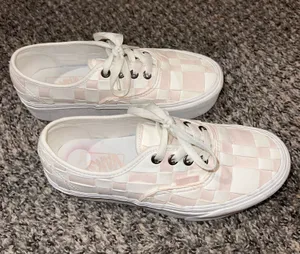Pink and white woven platform vans thumbnail 1