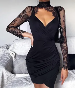 Women's Black Mock Neck Long Lace Sleeve Cocktail Mini Dress Size Medium thumbnail 1