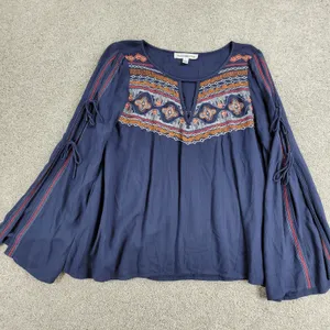 Abercrombie & Fitch Womens Boho Top M Blue Embroidery Tie Flowy Sleeves Keyhole thumbnail 5