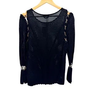 Bebe Lace Up Shoulder Sweater Top XL Black Open Knit Metallic Cage Sleeve NWT thumbnail 8