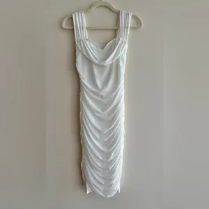 Glamaker White Mesh Ruched Off the Shoulder Mini Dress, Size Small, Bridal thumbnail 3