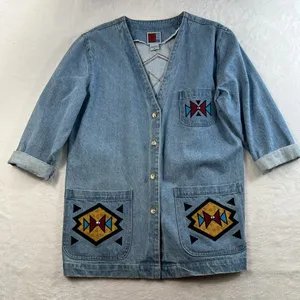 Vintage S Small Denim Jacket‎ Southwest Boho Aztec Embroidered Oversized USA thumbnail 3