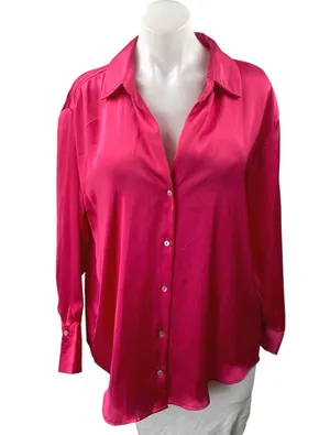 NEW Zara Women's Pink Silk Satin Long Sleeve Button Down Blouse Shirt Top Size L thumbnail 1
