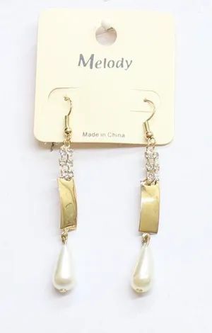 NWT Melody Fashion Dangly Rhinestone Faux Pearl Drop Earrings Gold Yellow 2.75" thumbnail 1