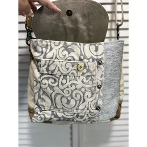 Myra Hair On Cowhide Leather Canvas Paisley Shoulder‎ Bag Boho Gray/Tan thumbnail 7