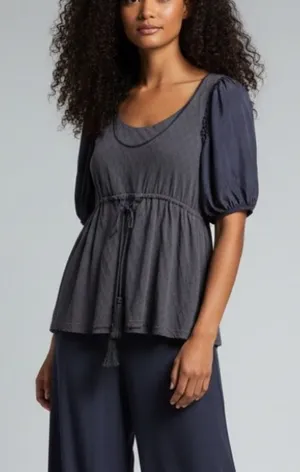 Anthropologie Deletta Elegant Blue puff sleeve belted tassle Top silk cotton thumbnail 1
