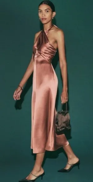 Reformation Maddison Silk Dress Praline Pink Brown Halter Midi Womens 12 NEW thumbnail 1