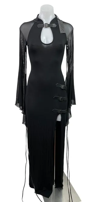 Dolls Kill Widow Black Sheer Bell Long Sleeve Keyhole Maxi Bodycon Dress Size XS thumbnail 1