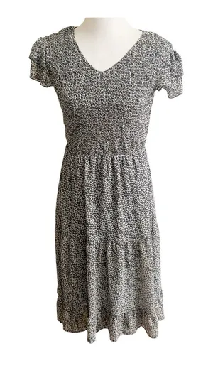 Bohme Midi Dress Womens White Blue All-Over Micro Print Smocked Tiered Classic thumbnail 1