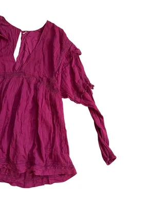 FREE PEOPLE Fuchsia Lace Trim Long Sleeve Romper Size Small thumbnail 6