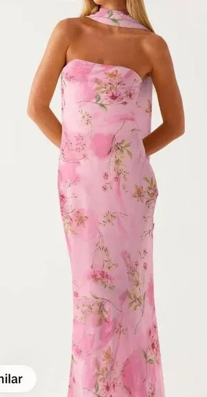 Strapless floral dress with neck scarf thumbnail 1