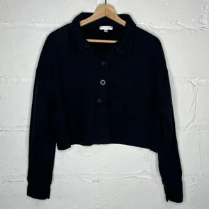 Good American Women's Black Cropped Fleece Polo Sweatshirt Top Size 2 /‎ Medium thumbnail 2