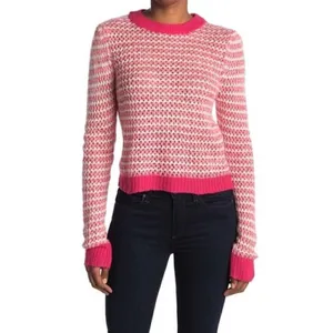 WAYF Womens Size XL Open Knit Stripe Crewneck Sweater White Pink Pullover Ribbed thumbnail 3