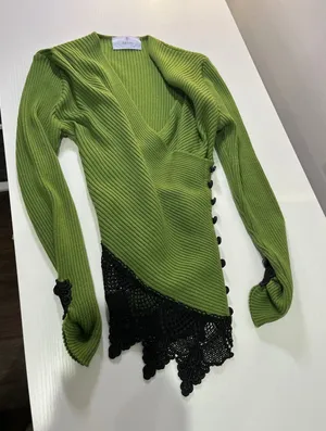 Melony New York Green Ribbed Knit Top -‎ Lace Trim - Flawed/TLC Fine Merino Wool thumbnail 1