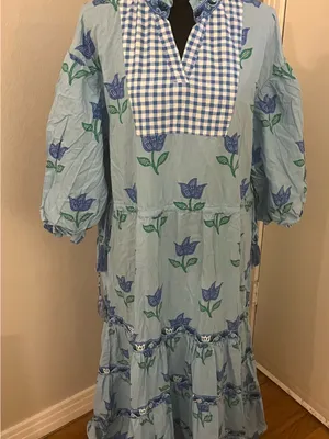 Printfresh Tulip Bloom Coconut Cafe Dress 3/4 Puff Sleeve Midi Size L thumbnail 1