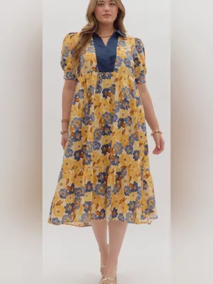 New!Entro Boutique Cotton Yellow Floral Midi Dress Pocket Navy Trim Size 2X thumbnail 5