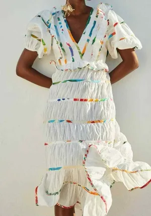Farm Rio Mixed Off-White Prints Midi Dress, Size Large, NWT thumbnail 1