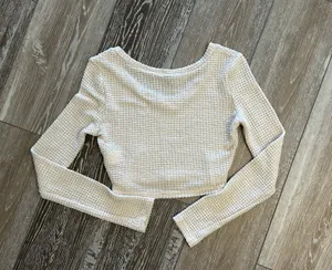 SheIn Sz S Long Sleeve Waffle Weave Cream Ivory Knit Top thumbnail 5