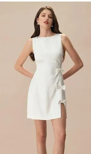 RIHOAS The White Boat Neck Bowknot Satin Mini Dress thumbnail 1