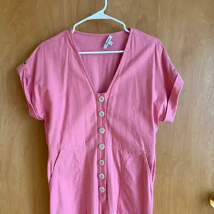 Madewell Button Front Jumpsuit Womens 4 Pink Herringbone Short Sleeve‎ Wide Leg thumbnail 4