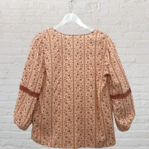 Boho Peasant Blouse M Floral Crochet Lace Tie Neck 3/4 Puff Sleeve Festival thumbnail 14