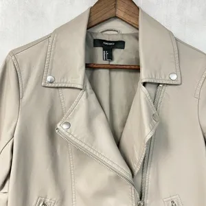 Forever 21 Womens Moto Jacket Size S Faux Leather Biker Cropped Minimal Neutral thumbnail 3