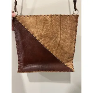 Brown Leather Patchwork Shoulder Bag Purse Unlined Boho Hippie Festival Snap thumbnail 2