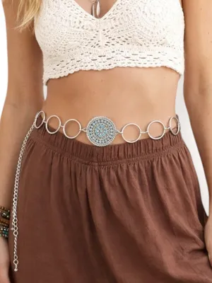 Silver Rhinestone Chain Belt Medallion Boho Western Festival Adjustable Y2K thumbnail 1