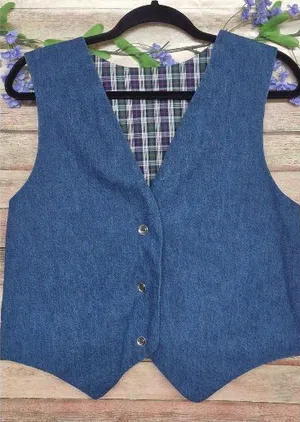 VTG Handmade Unisex S/M Blue Denim Jean Vest Plaid Reversible Country Cottage thumbnail 1