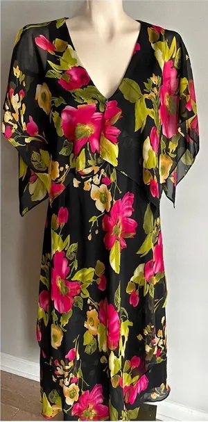 Vicky Tiel Black Floral Chiffon Midi Dress Flutter Sleeve Wedding Guest M thumbnail 1