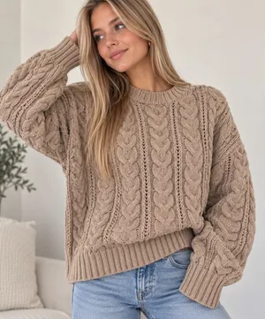 SO Women XXL Tan Brown Cable Knit Chenille Sweater Crewneck Oversized Cozy thumbnail 1