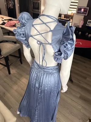 Pleated Satin Cut-Out Maxi Dress in Steel Blue thumbnail 5