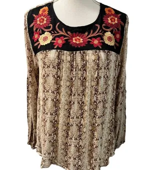 Savanna Jane Boho Floral Embroidered Gold Thread Long Sleeve Fall Blouse Size L thumbnail 3