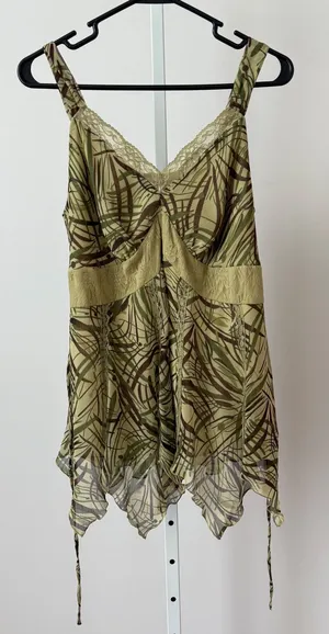 Separates by NY City Design Co. Y2k Fairy Green Brown Leaf‎ Print Lace Top sz L thumbnail 1