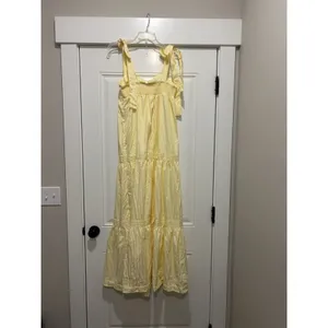 Yellow White Striped Tiered Maxi Tie Straps Maxi Dress Size Medium Brunch Girly thumbnail 5