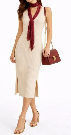 Massimo‎ Dutti ITALIAN YARN Designer Cream lightweight Knit Maxi Dress Luxury M thumbnail 1