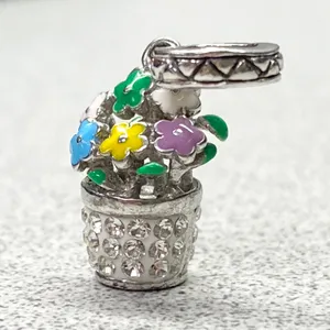 Silver Tone Enamel Crystal Flower Pot Charm Spring Garden Jewelry Making Gift thumbnail 2