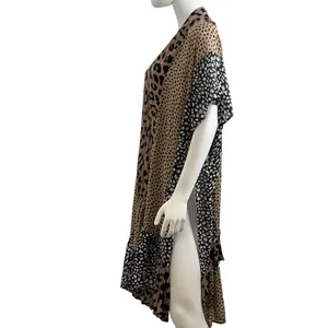 Umgee Womens‎ Leopard Patchwork Ruffle Kimono Wrap Brown Black SM thumbnail 5