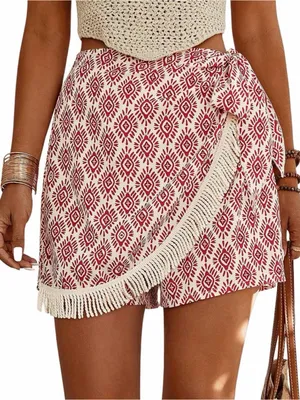 Women's Patterned Fringe High Waisted Wrap Tie Side Boho Shorts Small - C72-027 thumbnail 1