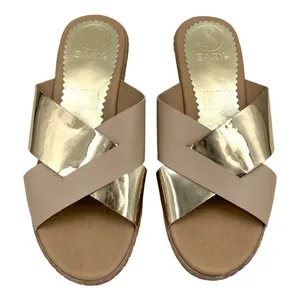 Sary Metallic Gold and Beige Tan Open Toe Wide Strap Slide Sandal Size 7 thumbnail 2