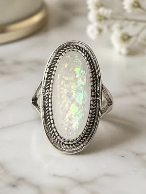 Vintage Design Sparkling Faux Opal SS Silver Statement Ring Size 8 NWT thumbnail 3
