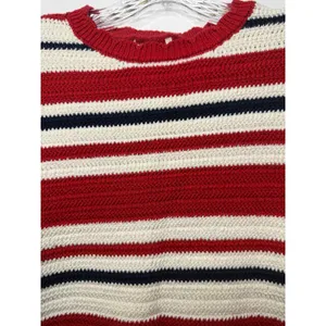 Red White Blue Striped Crochet Knit Crop Sweater Top Nautical Coastal Size Small thumbnail 4