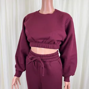 Zenana 2 Pcs Crop Sweatshirt Tracksuit Jogger Pants Set Outfit Active Loungewear Burgundy Size XS thumbnail 6