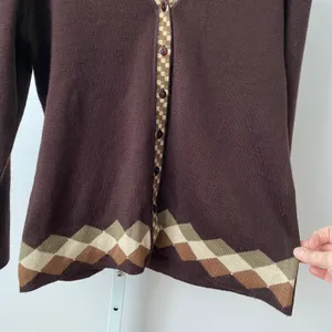 Da Qiu Wool Academia Dark Academia Argyle V-Neck Knit Cardigan L Brown thumbnail 3