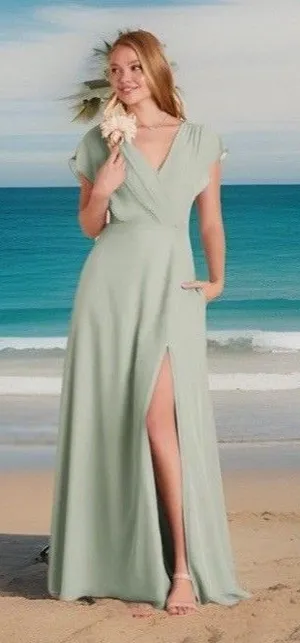 Chic Birdy Grey Chiffon Maxi‎ Dress Size M Bridesmaid Pockets Ruffle Sleeve BOHO thumbnail 1