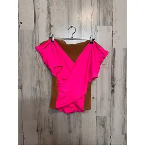 AKIRA Pink & Brown Sheer Mesh Wrap Top 3X Off Shoulder V-Neck Stretch NWT thumbnail 2