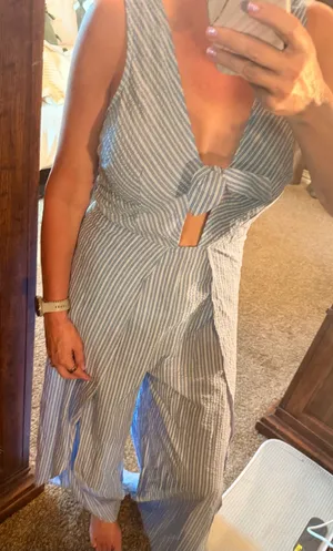 Altar’d State Blue White Striped Tie Front Jumpsuit Size S Wide Leg Cotton thumbnail 1