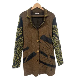 Boutique Women’s Art to wear Funky Boho Fuzzy Cardigan Acrylic Green Brown Black S thumbnail 3