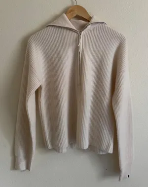 OGD One Grey Day 100% Cashmere Quarter Zip Sweater Medium Ivory Cream Ribbed M thumbnail 1